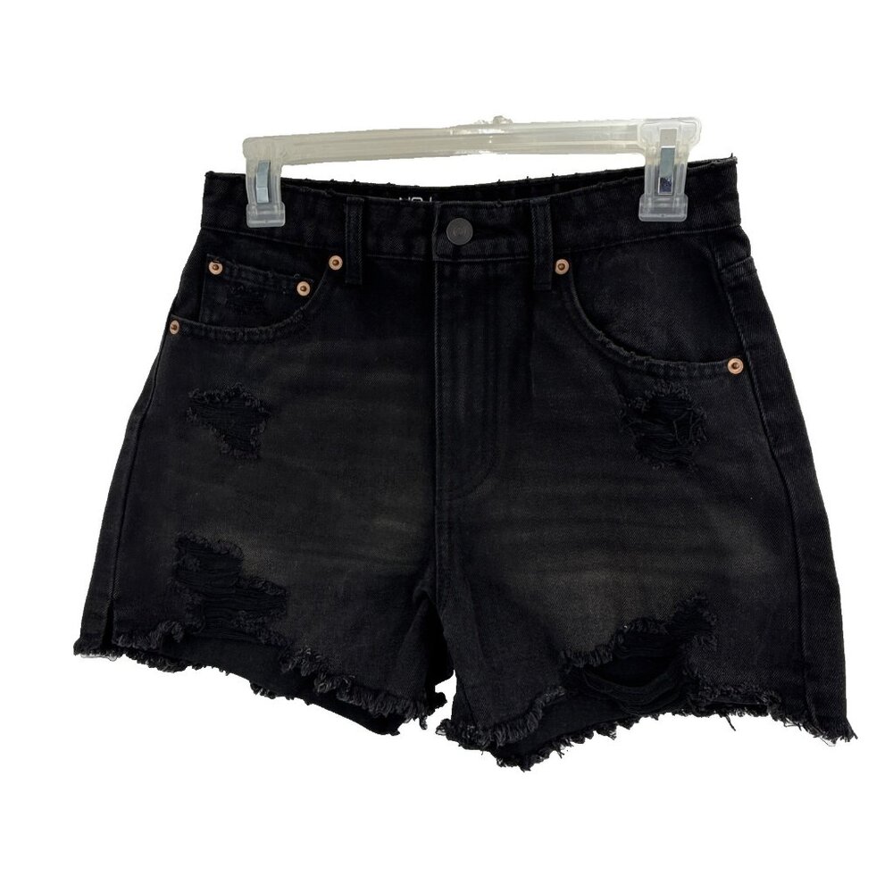 No Boundaries Womens Denim Shorts Distressed Raw Hem Black High Rise Size 7